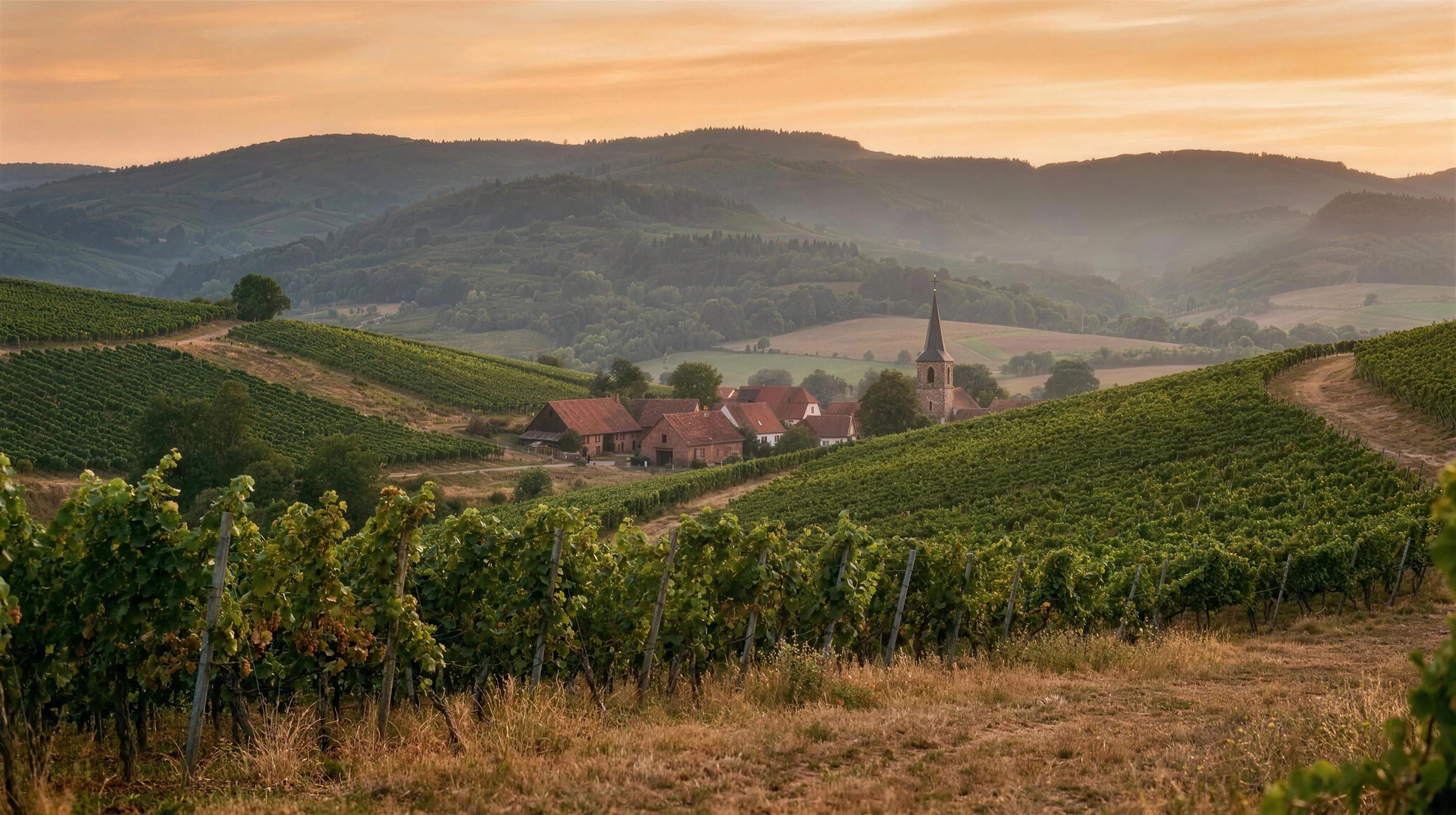 Weinberge der Südpfalz mit Dorf und Kirchturm in der Abendsonne, dahinter die Hügel des Pfälzerwalds